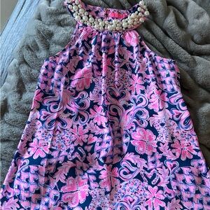 Lilly Pulitzer Shawn Pink and Blue Patterned Blouse with Pearl Embellishment